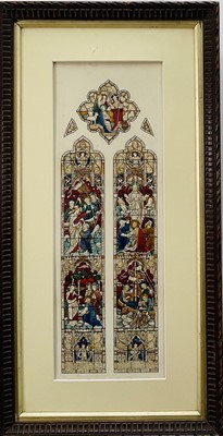 Lot 61 - 19th century watercolour stained glass window study (in memory of Leicester families), 39cm x 13cm, glazed carved frame