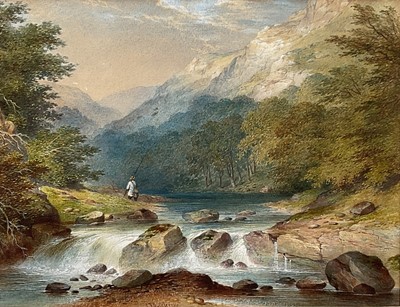 Lot 127 - Charles Frederick Buckley (1812-1869) watercolour of a man fishing by a river, signed and dated 1861, 20cm x 25cm, glazed gilt frame
