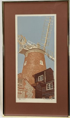 Lot 71 - H.J. Jackson (b.1938) linocut - Mill I, signed artist's proof, dated '83, 51cm x 23cm, glazed aluminium frame
