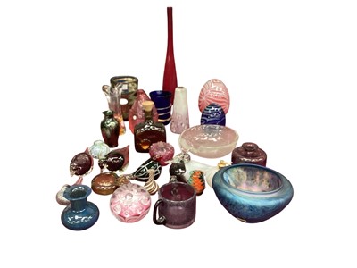 Lot 1253 - Collection of coloured art glass, to include Whitefriars optic vase, Murano, Kosta Boda, Scandinavian ducks, etc (qty)
