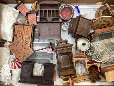 Lot 2061 - Dolls house furniture including Art Nouveau painted wardrobe and table, Arts & Crafts desk, chairs, cabinets, textiles plus some items.