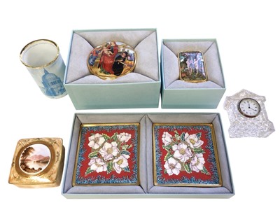 Lot 1257 - Four boxed Halcyon Days items including St. Paul's Cathedral, together with a Coalport box painted by Malcolm Harnett and a Thomas Webb crystal clock