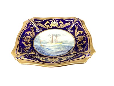 Lot 1260 - A Royal Crown Derby shaped square sweetmeat dish, the field painted with a sailing ship and buoy, in choppy waters, within deep cobalt blue border with gilt anthemions and acanthus leaves, flyin...
