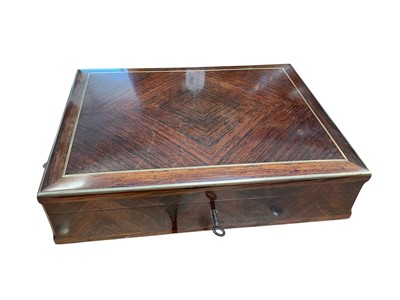 Lot 5007 - Antique rosewood veneered box with brass inlay (key present)