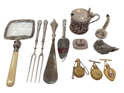 Lot 937 - Silver handled items, plated mustard pot with blue glass liners, other plated items, gilt metal French perfume bottles etc