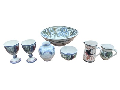 Lot 1263 - Group of Aldermaston Pottery to include two goblets, two jugs, a large and a small bowl and a vase