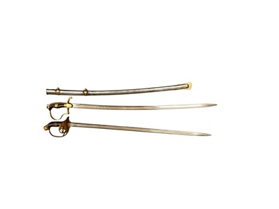 Lot 932 - First World War Turkish Officer's sabre with brass stirrup hilt with star and crescent langet, etched curved fullered blade by Achguelo Freres Constantinople in brass mounted steel scabbard and Im...