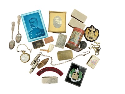 Lot 751 - Group of assorted Militaria to include an Imperial German Wound Badge, ceramic tile by Carters of Poole depicting Lord Kitchener and various other military items, (1 box).