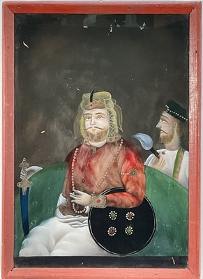 Lot 72 - Indian painting of Sher Shah Suri, shown carrying sword and shield, in glazed frame, 48cm x 33cm