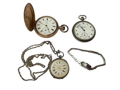 Lot 37 - Silver cased fob watch on silver chain, vintage ladies' Rone silver and marcasite cocktail watch, gold plated full hunter John Forrest pocket watch and an Ingersoll pocket watch (4)