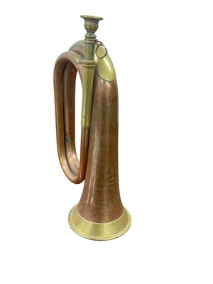 Lot 759 - First World War British Military brass and copper bugle by Besson & Co with engraved presentation inscriptions "Presented by The Rev.Cannon F.C.Smith Vicar of Hellingly to the Hellingly plat...