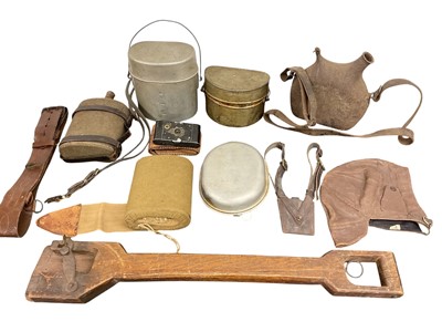 Lot 762 - Group of Militaria to include two canvas covered water bottles, another water bottle, mess tins and Sam Browne belt, (1 box).