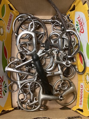 Lot 2682 - Collection of horse riding gear including horse bits, under blankets etc, (3 boxes).