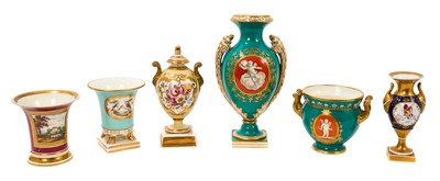 Lot 37 - Group of 19th century porcelain vases, including two Coalport vases painted with cherubs, on a turquoise ground with gilt highlights, a Rockingham spill vase, a Coalport vase and cover, and two...