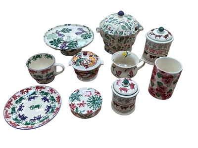 Lot 1198 - Collection of Emma Bridgewater items including cakestand decorated with figs, two storage jars decorated with animals, large cup and saucer decorated with elephants etc (9)