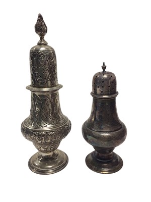 Lot 288 - Victorian silver sugar caster with repoussé decoration, (Birmingham 1897), maker Plant & Co, 23cm high, together with another George V silver sugar caster, (Birmingham 1910), all at 12.5oz. (2)