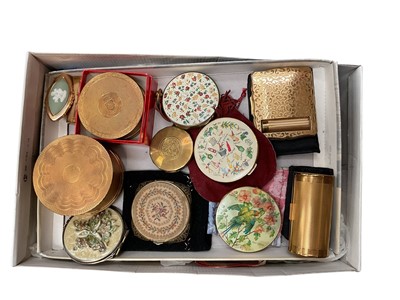 Lot 2167 - Collection of compacts including musical, Cecil Golding signed parrot, enamel, tapestry, embroidered, Stratton with lipstick, Kigu, Margaret Rose, Art Deco, leather powder compact.