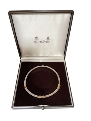 Lot 103 - Mappin & Webb silver two strand necklace with three gold cross motifs, in original box