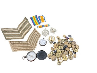 Lot 781 - Group of military buttons, medal ribbons, pocket compass and silver cased watch, (1 box).