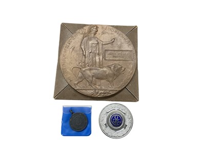 Lot 782 - First World War Memorial (Death) plaque named to John William Fenton in cardboard packet of issue and small group of fobs.