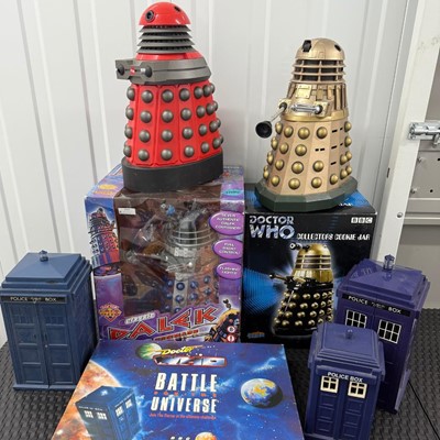Lot 2099 - Doctor Who including 12" Product Enterprise Radio Command Dalek (not. Tested), Collectors Cookie Jar, other Daleks, Tardis units and board games (qty)