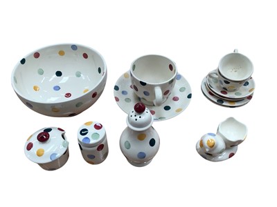 Lot 1204 - Emma Bridgewater Polka Dot pattern items including bowl, large cup and saucer, sifter, chick eggcup etc