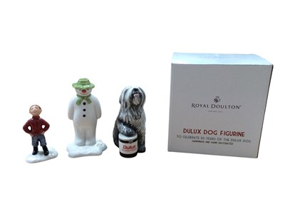 Lot 1273 - Royal Doulton 50th anniversary Dulux dog together with a Royal Doulton Snowman and James