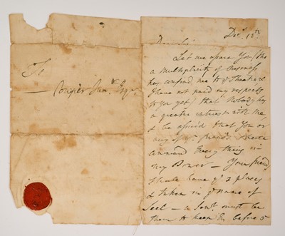 Lot David Garrick (actor 1717-1779) two page letter, dated Dec 18th, addressed to Cowper Jun. Esq, with wax seal, the letter with hand stitched repairs