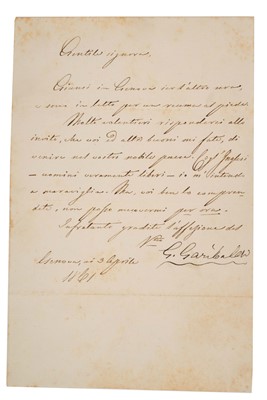 Lot 697 - Giuseppe Garibaldi autograph letter, signed and dated Genoa 3 April 1861