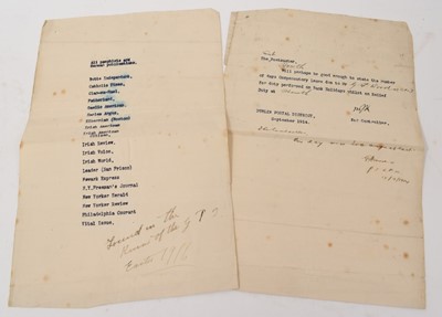 Lot 699 - Irish Conflict interest - Printed papers with note 'Found in the remains of the GPO Easter 1916