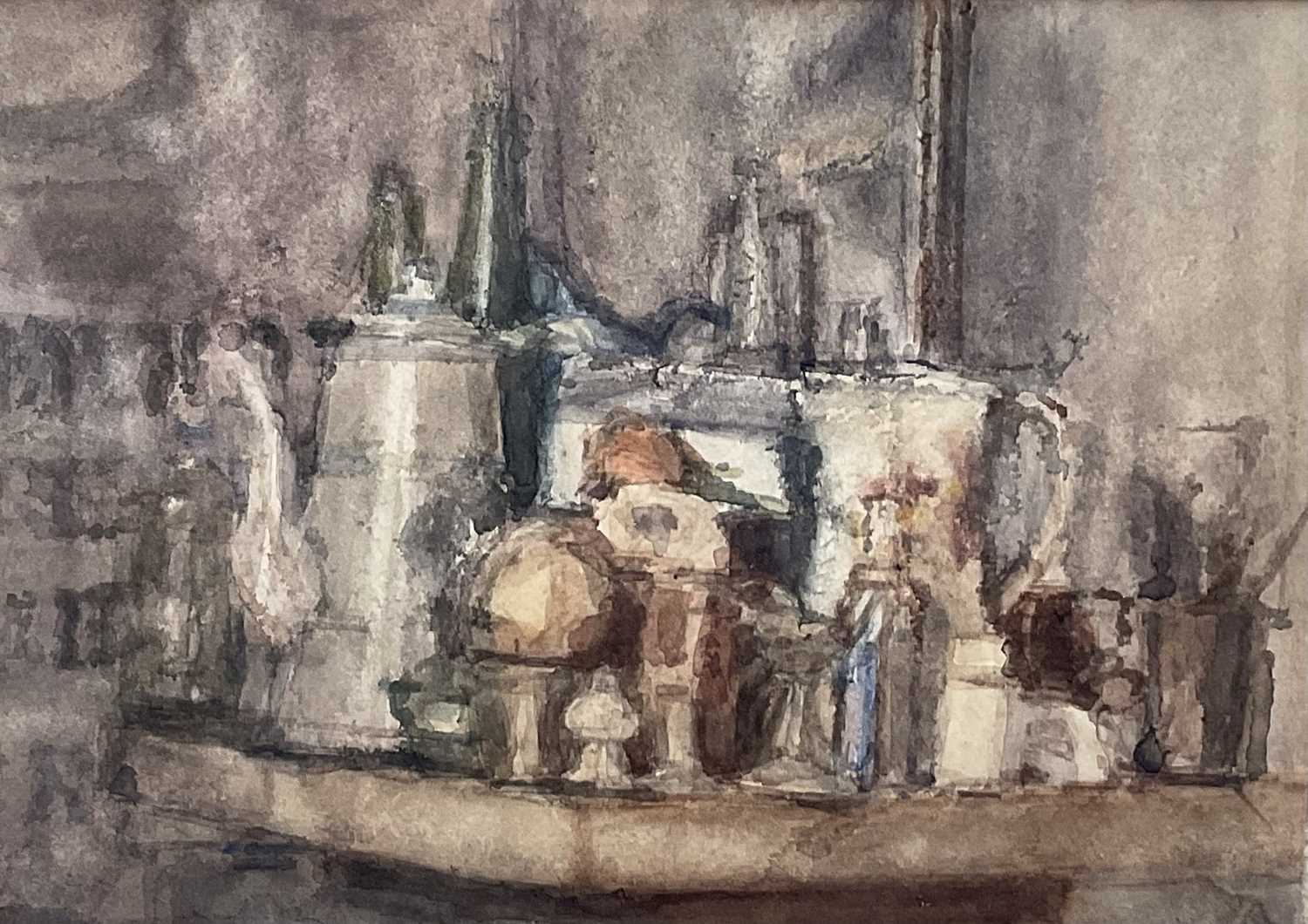 Lot 1034 - Dick Lee (1923-2001) watercolour - Still Life Bottles and Jugs, 1987, 19cm x 27.5cm, in glazed frame