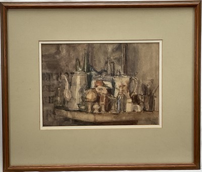 Lot 1034 - Dick Lee (1923-2001) watercolour - Still Life Bottles and Jugs, 1987, 19cm x 27.5cm, in glazed frame