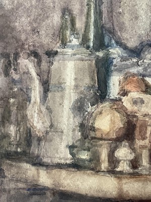 Lot 1034 - Dick Lee (1923-2001) watercolour - Still Life Bottles and Jugs, 1987, 19cm x 27.5cm, in glazed frame
