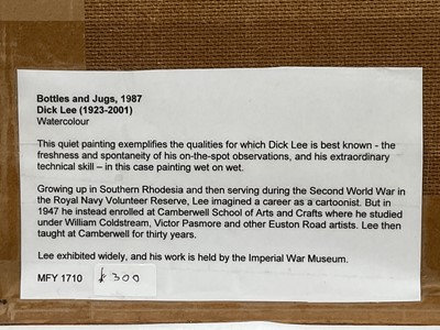 Lot 1034 - Dick Lee (1923-2001) watercolour - Still Life Bottles and Jugs, 1987, 19cm x 27.5cm, in glazed frame