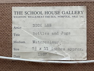 Lot 1034 - Dick Lee (1923-2001) watercolour - Still Life Bottles and Jugs, 1987, 19cm x 27.5cm, in glazed frame