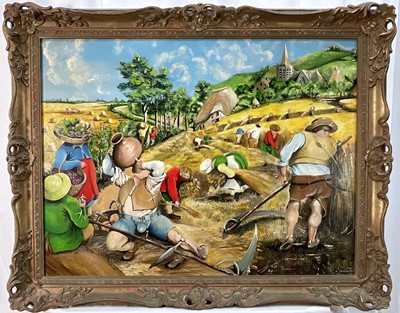 Lot 332 - After Pieter Brueghel the Younger, oil on board, harvest scene signed C. R. Hargreaves