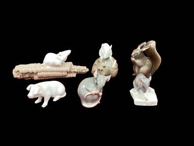 Lot 1221 - Four Royal Copenhagen figures of mice, models 512, 511, 510 and 1031, together with Squirrel 982 and Pig (6)