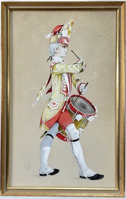 Lot 225 - Anne Grahame Johnstone (1928-1998), 'Minden Drummer' (12th Regiment of Foot, East Suffolk Regiment), watercolour and body colour, signed with initials, 1976, 35cm x 21cm, glazed frame