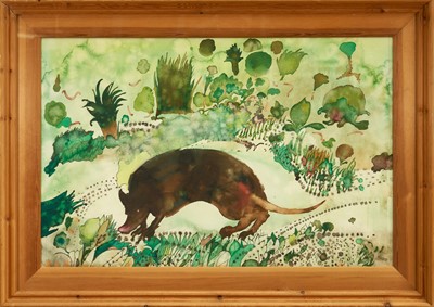 Lot 1020 - David Evans (1929-1988) watercolour - Beast in a Landscape, signed and dated '88, 47cm x 72cm, in glazed frame