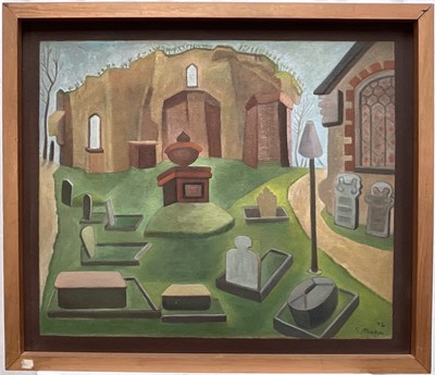Lot 1017 - Stella Rankin (1915-2009) oil on board - Graveyard, signed and dated '76, 60cm x 70cm, framed