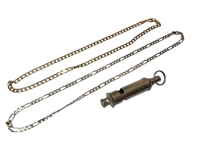 Lot 60 - 9ct gold flat curb link chain, silver flat curb link chain and a Girl Guides whistle (3)