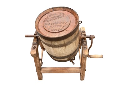 Lot 2593 - Early 20th century Table Top Iron Bound Oak Butter Churn on Stand marked ' Shakespearian Rd Trade Mark No. 76960 ' made by Hathaway of Chippenham, 63cm high x 62cm wide