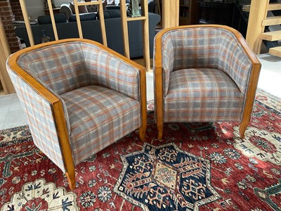 Lot 5339 - Pair of tartan upholstered easy chairs.