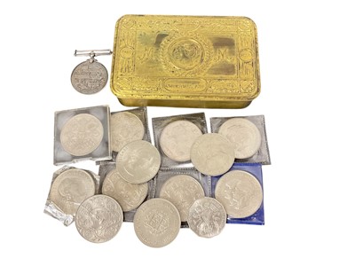 Lot 779 - First World War Princess Mary Gift tin, together with an Edward VII Volunteer Long Service medal named to 3140 PTE. W. Wythe. 1 / V. B. Suffolk Regt. and a group of modern crowns.