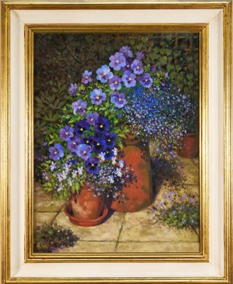 Lot 1080 - * Maureen Jordan (b. 1941) pastel - Pansies in Terracotta Pots, 63cm x 48cm, in glazed gilt frame.