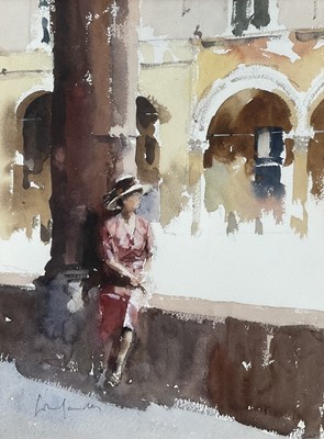 Lot 1067 - *John Yardley (b. 1933) watercolour, The Pink Suit, signed, 31.5cm x 23cm, in glazed gilt frame