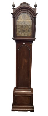 Lot 616 - Georgian mahogany longcase clock with brass arch dial and 8 day movement, maker R. Berry 'Hitchin', together with pendulum, two weights, two keys