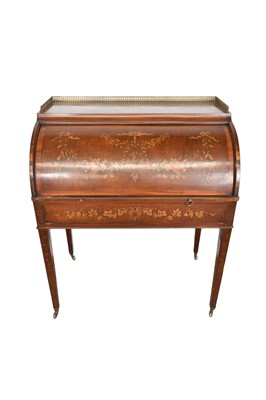 Lot 1216 - Late 19th century mahogany and floral marquetry cylinder bureau
