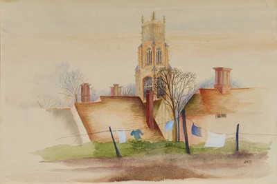 Lot 1124 - Joan Warburton (1920-1996) watercolour, Stoke by Nayland, initialled and dated '71, 36cm x 54cm, unframed