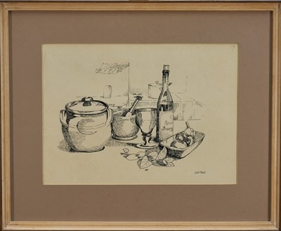 Lot 1126 - Joan Warburton (1920-1996) two pen and ink works on paper - Kitchen Still Life, initialled and dated 1960, 30.5cm x 42cm, in glazed frames